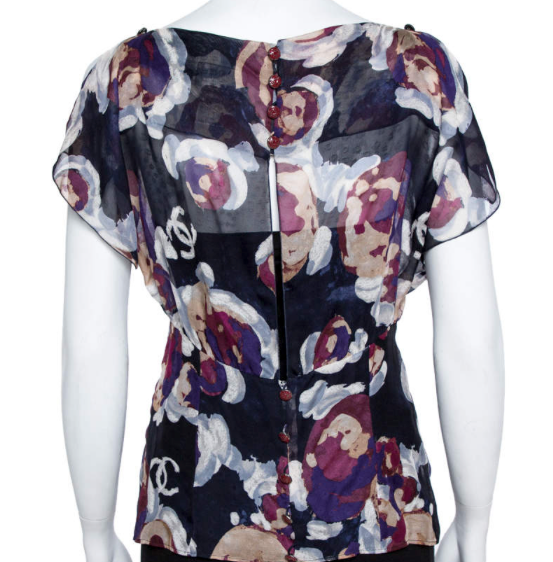 Navy chiffon top with floral pattern and cold-shoulder cutouts chanel mezzanotte resale