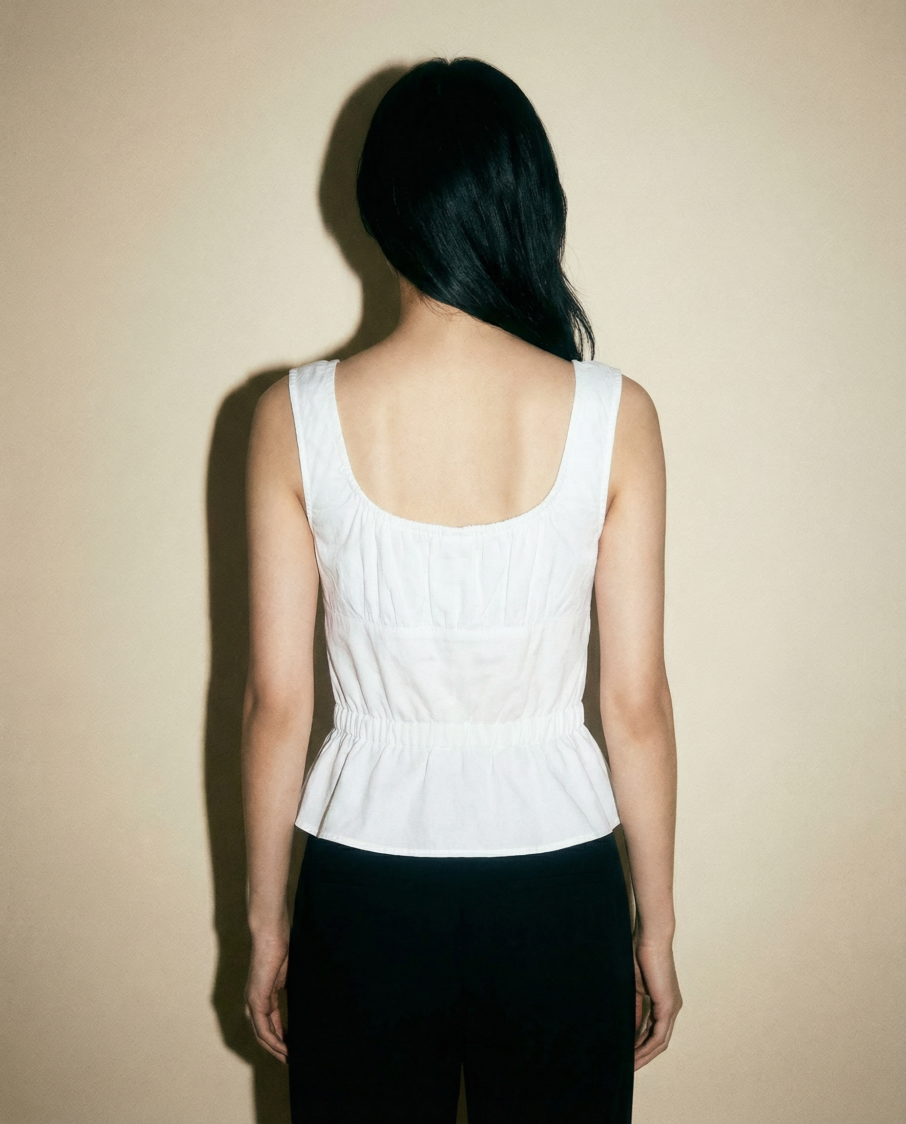 Prada cotton top with cinched waist and soft peplum hem minimalist vintage design
