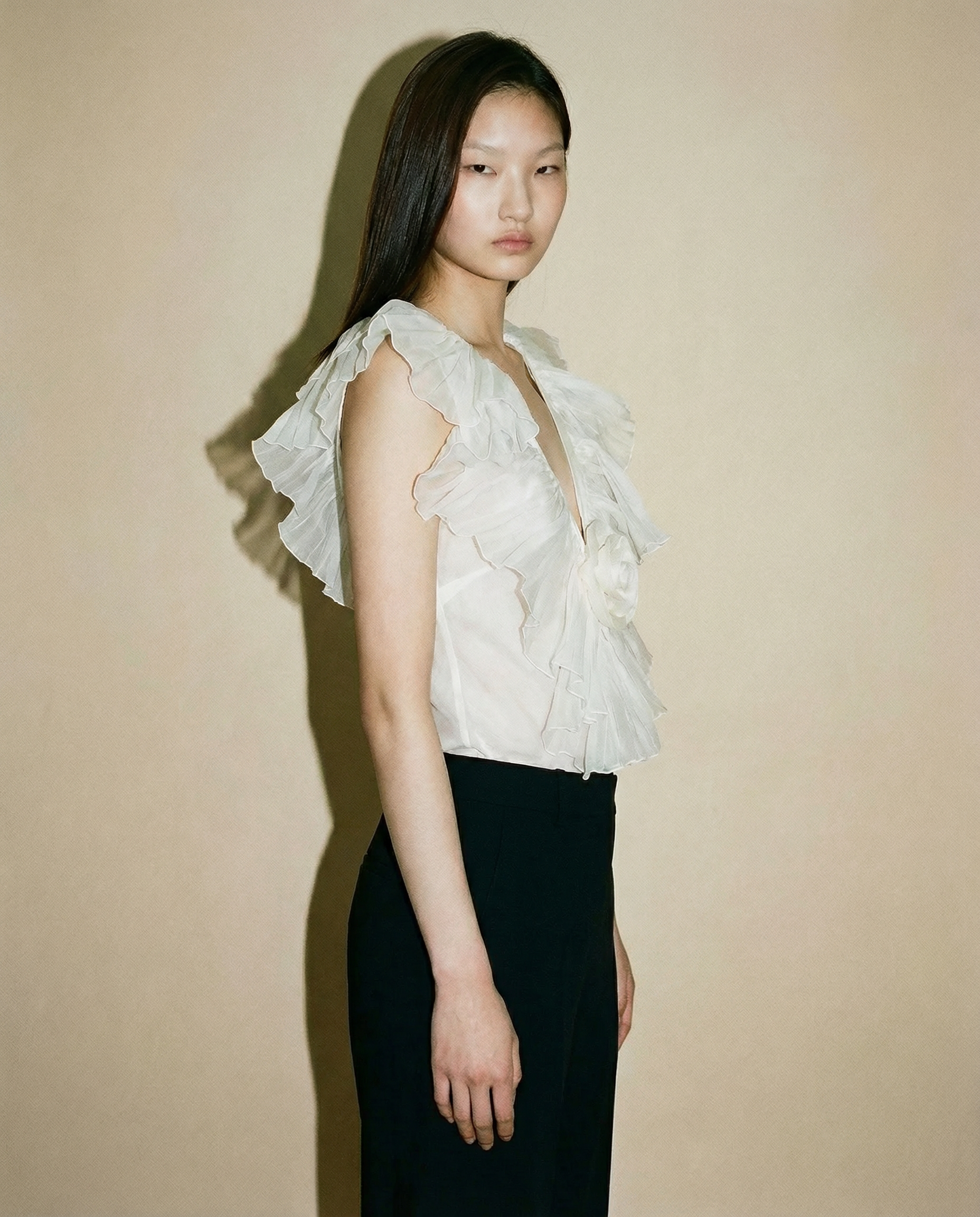 2000s Cavalli silk blouse with deep V neckline and layered ruffles