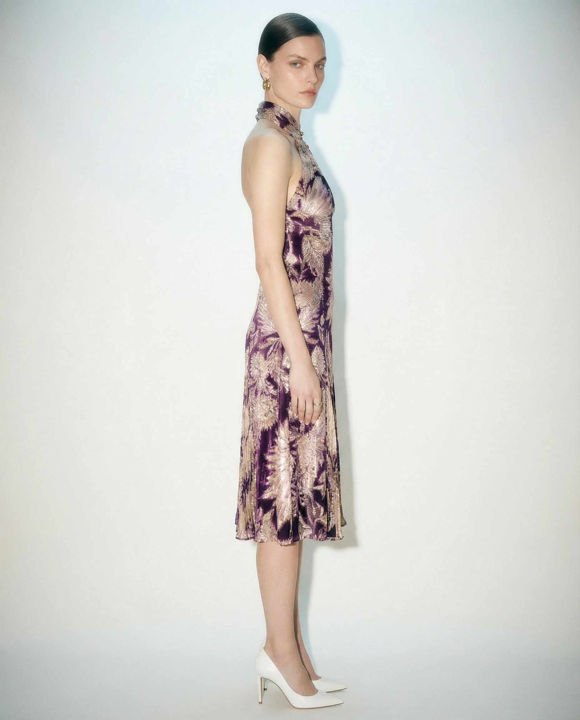 Roberto Cavalli midi dress with draped halter neckline and refined silhouette, archivals for rental and sale Europe