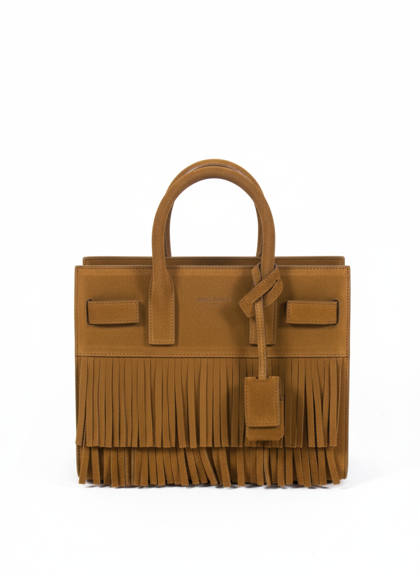 Saint Laurent beige suede fringe tote bag — vintage designer rental and resale Mezzanotte Madrid
