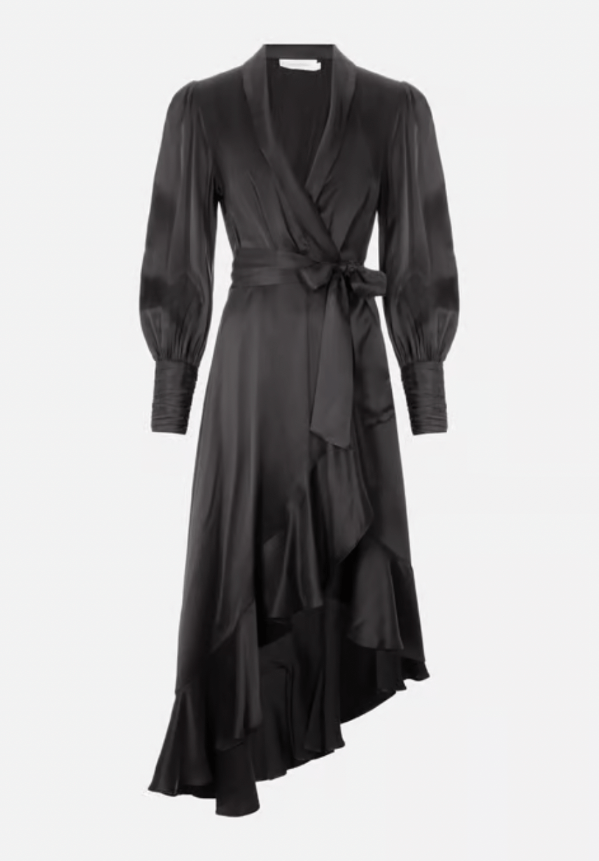 Black silk wrap dress with long sleeves and cascading ruffles Zimmermann designer piece