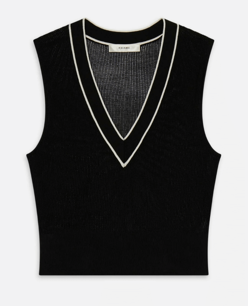 Black ribbed top with deep V neckline and minimalist fitted silhouette