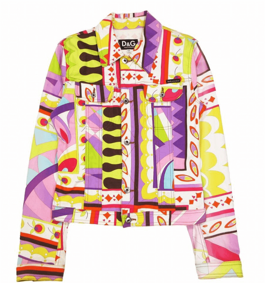 Dolce & Gabbana colorful printed denim jacket with chest pockets and button front — designer resale Mezzanotte Madrid