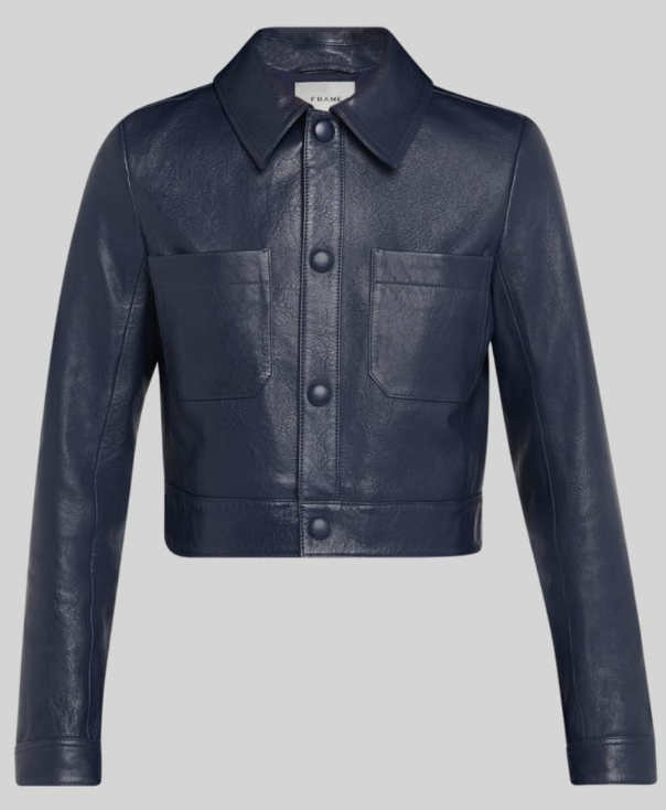 FRAME contemporary cropped leather jacket in deep navy with structured silhouette — designer resale Mezzanotte Madrid