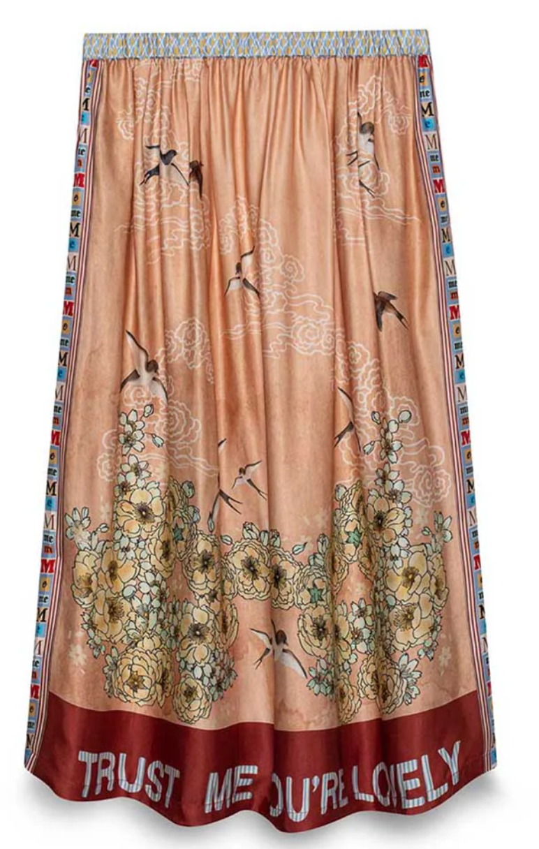 ME369 peach midi skirt with floral print and “Trust Me You’re Lovely” statement hem — designer resale Mezzanotte Madrid