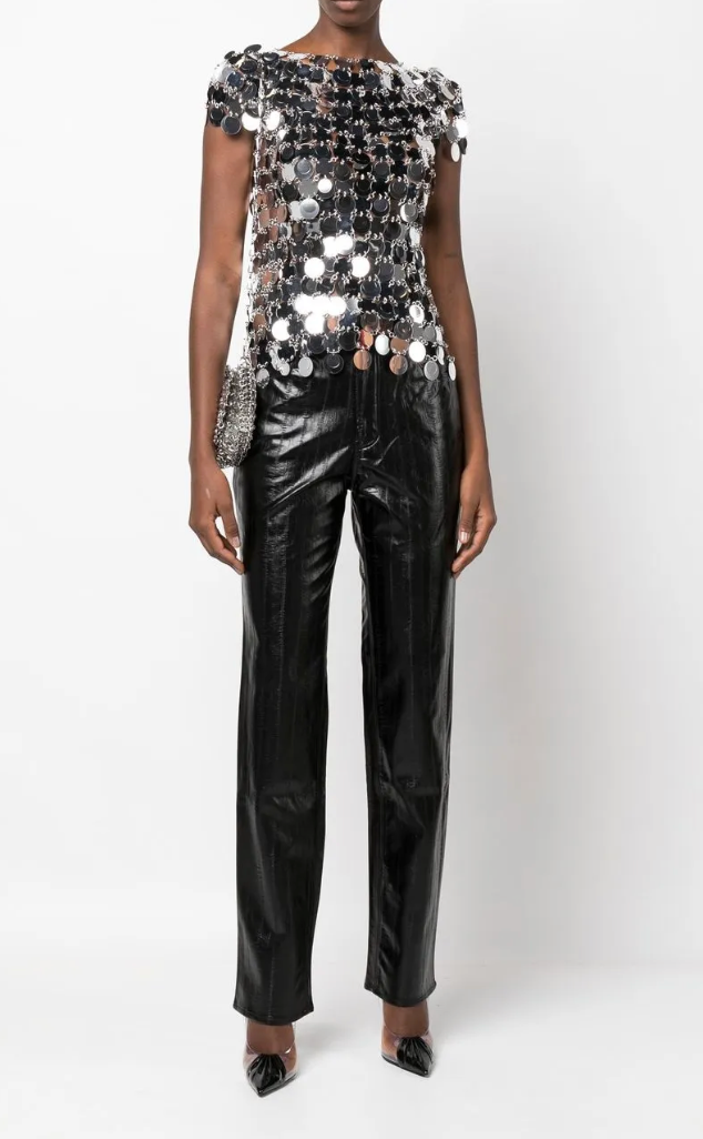 Rabanne archival metallic disc top with chainmail construction — curated designer rental and resale at Mezzanotte Madrid