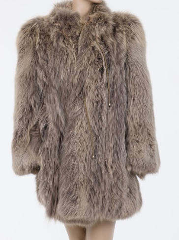 Taupe grey vintage fur coat with long hair texture and relaxed architectural fit