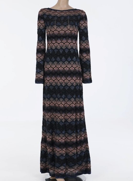 Crochet knit dress with multicolor zigzag pattern and long sleeves