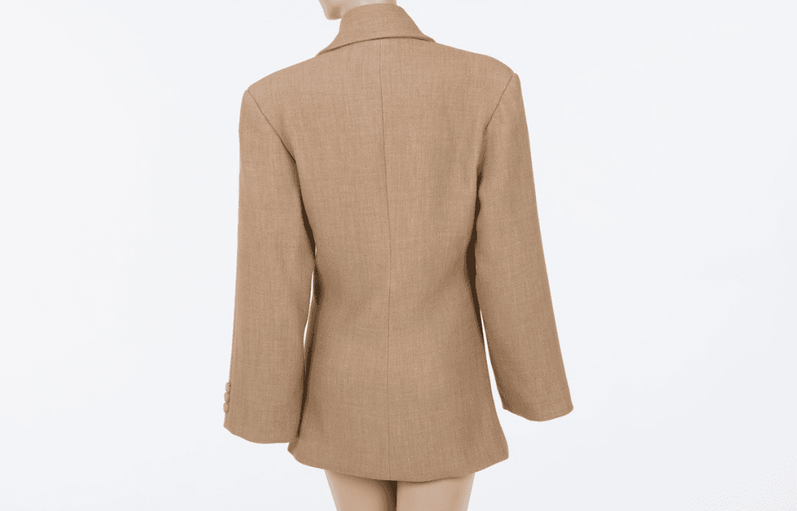 Structured beige blazer with hourglass tailored silhouette