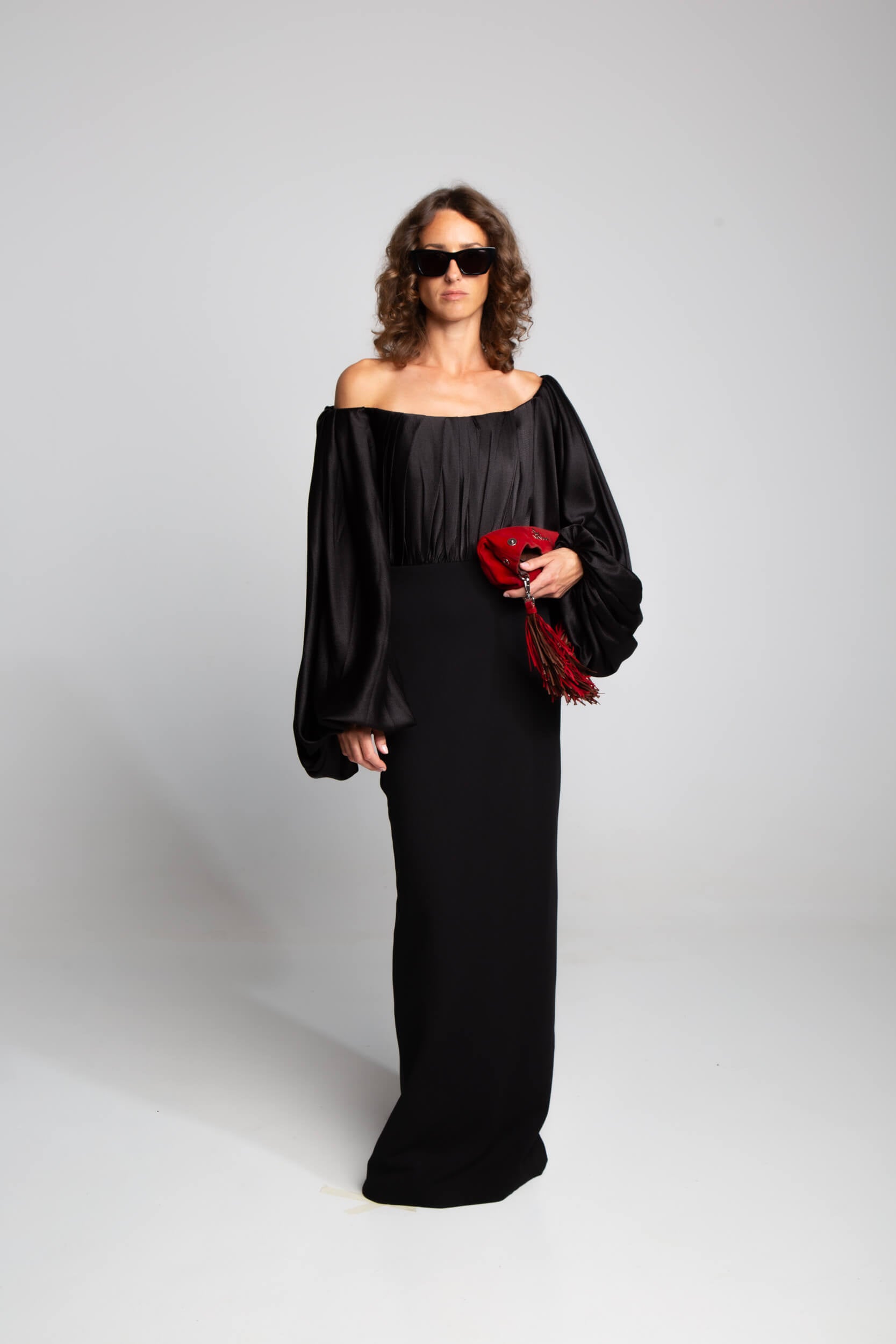 Solace London formal dress with pleated upper and long sleek skirt contemporary designer piece Mezzanotte Madrid