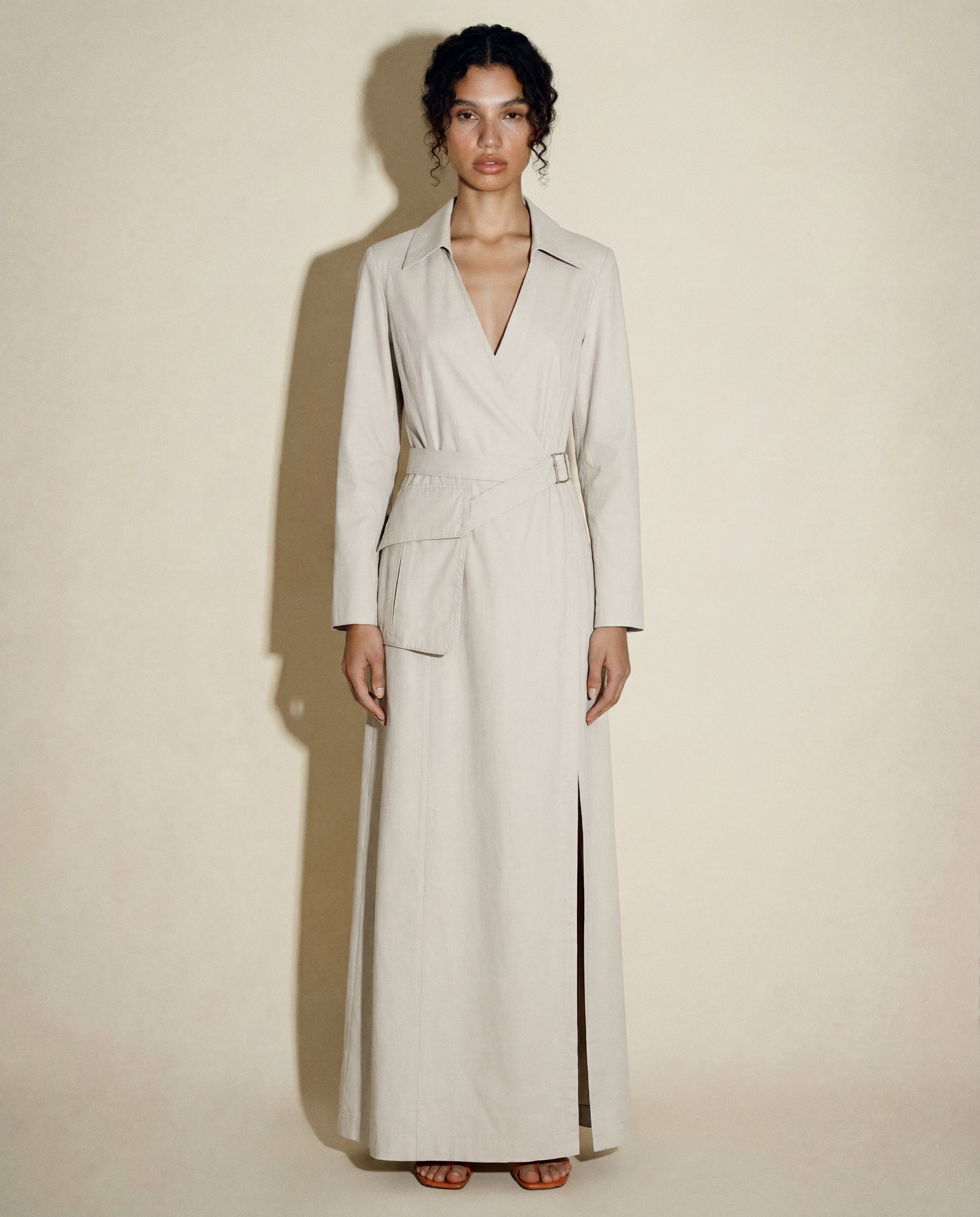 Thierry Mugler 1990s long beige dress with structured waist and belt