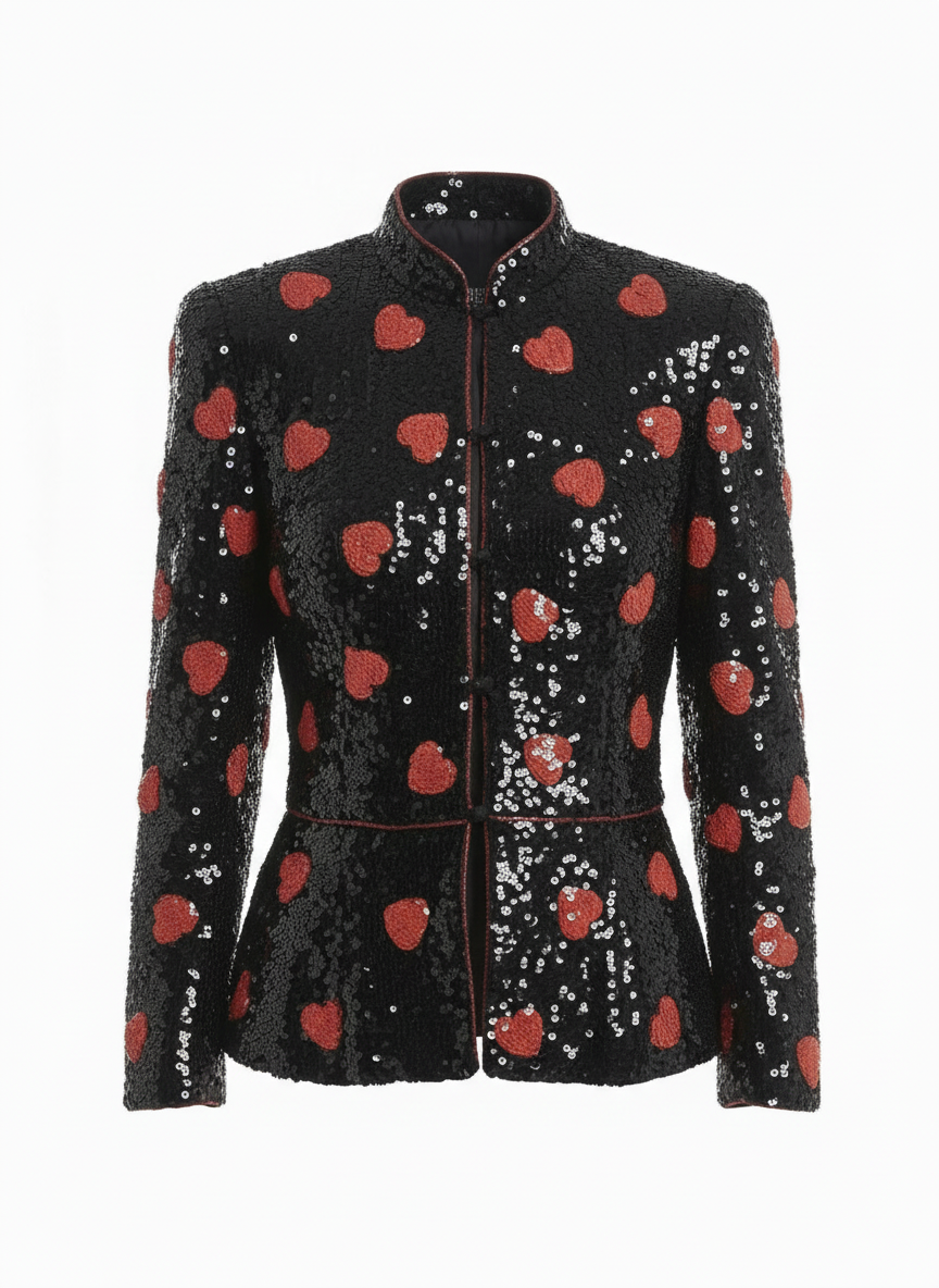 Vintage Azzaro blazer with black paillette sequins and red heart pattern statement jacket
