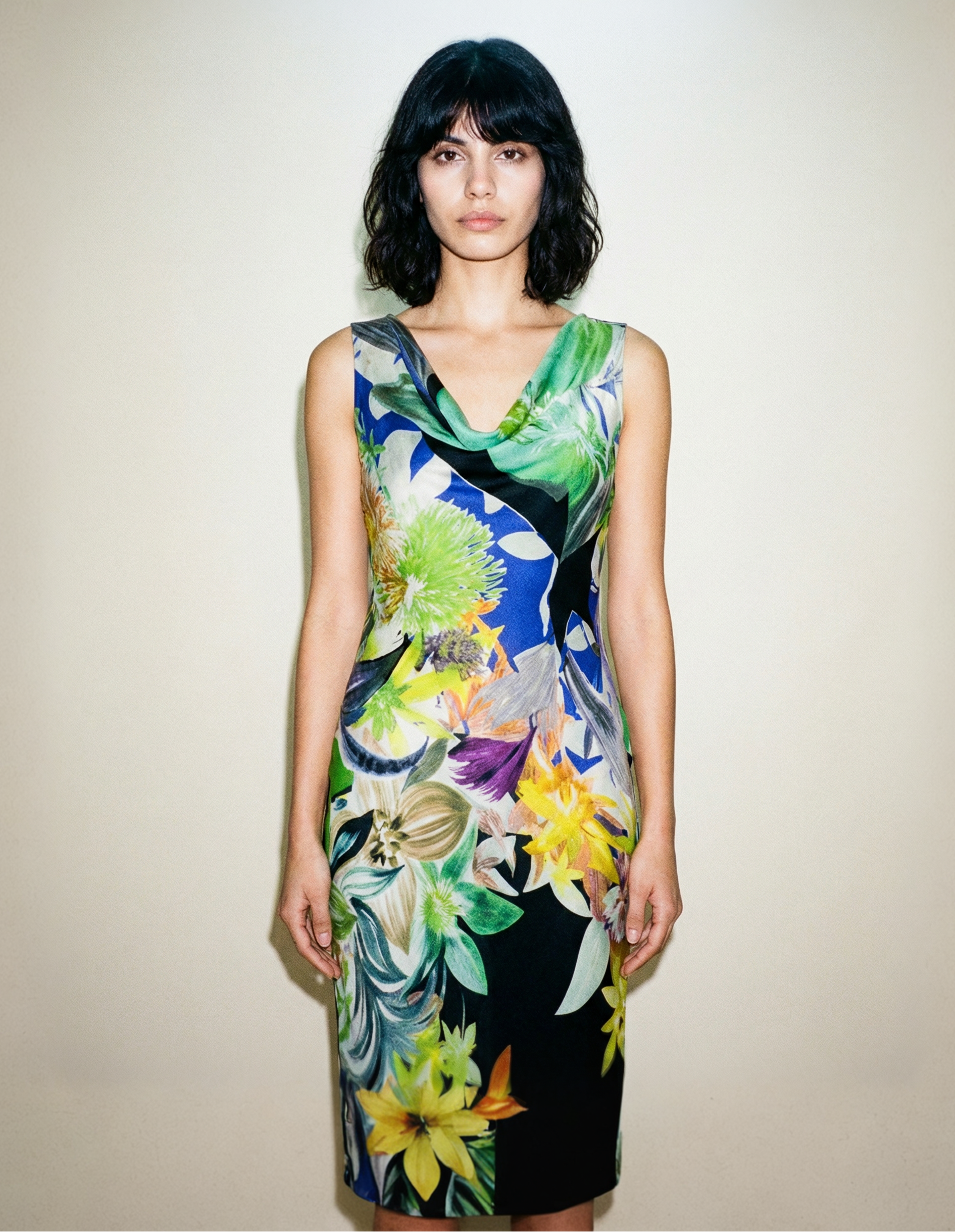 Vintage Cassani floral dress with cowl neckline and fluid silhouette Mezzanotte Madrid
