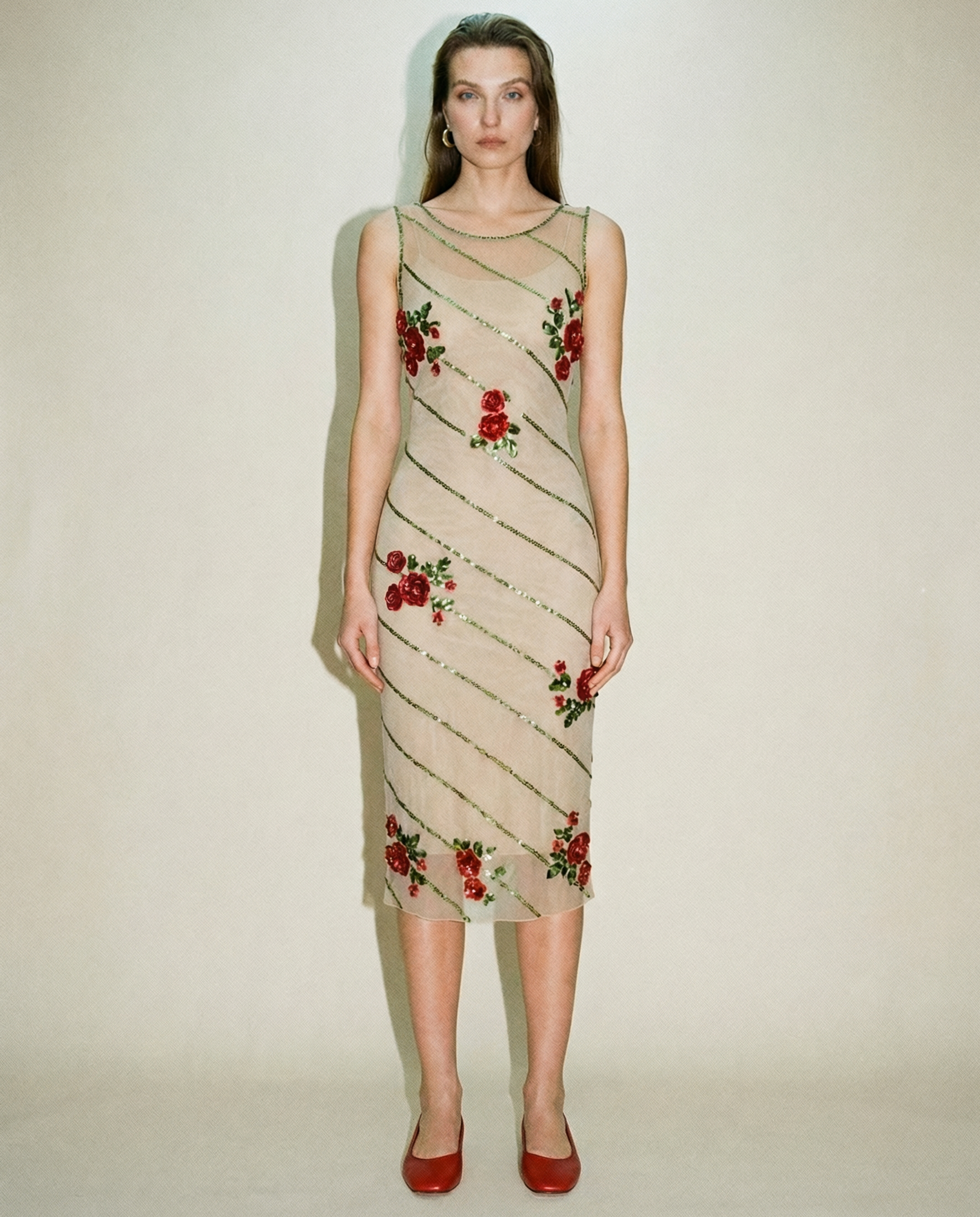 Vintage Mapa Mundi sheer mesh dress with red floral appliqué and nude illusion base Mezzanotte Madrid
