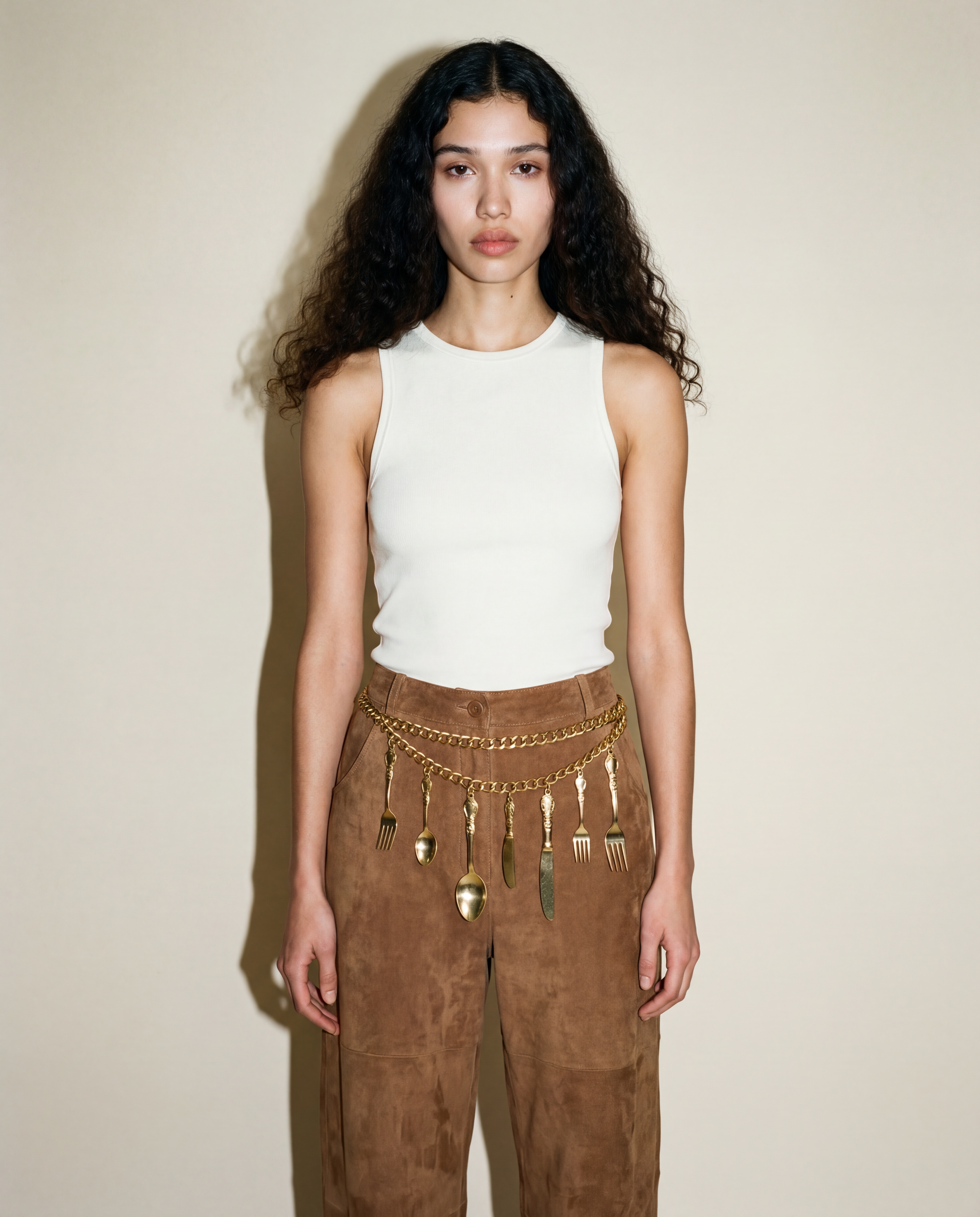 Vintage Moschino chain belt with gold cutlery charms playful archival design Mezzanotte Madrid
