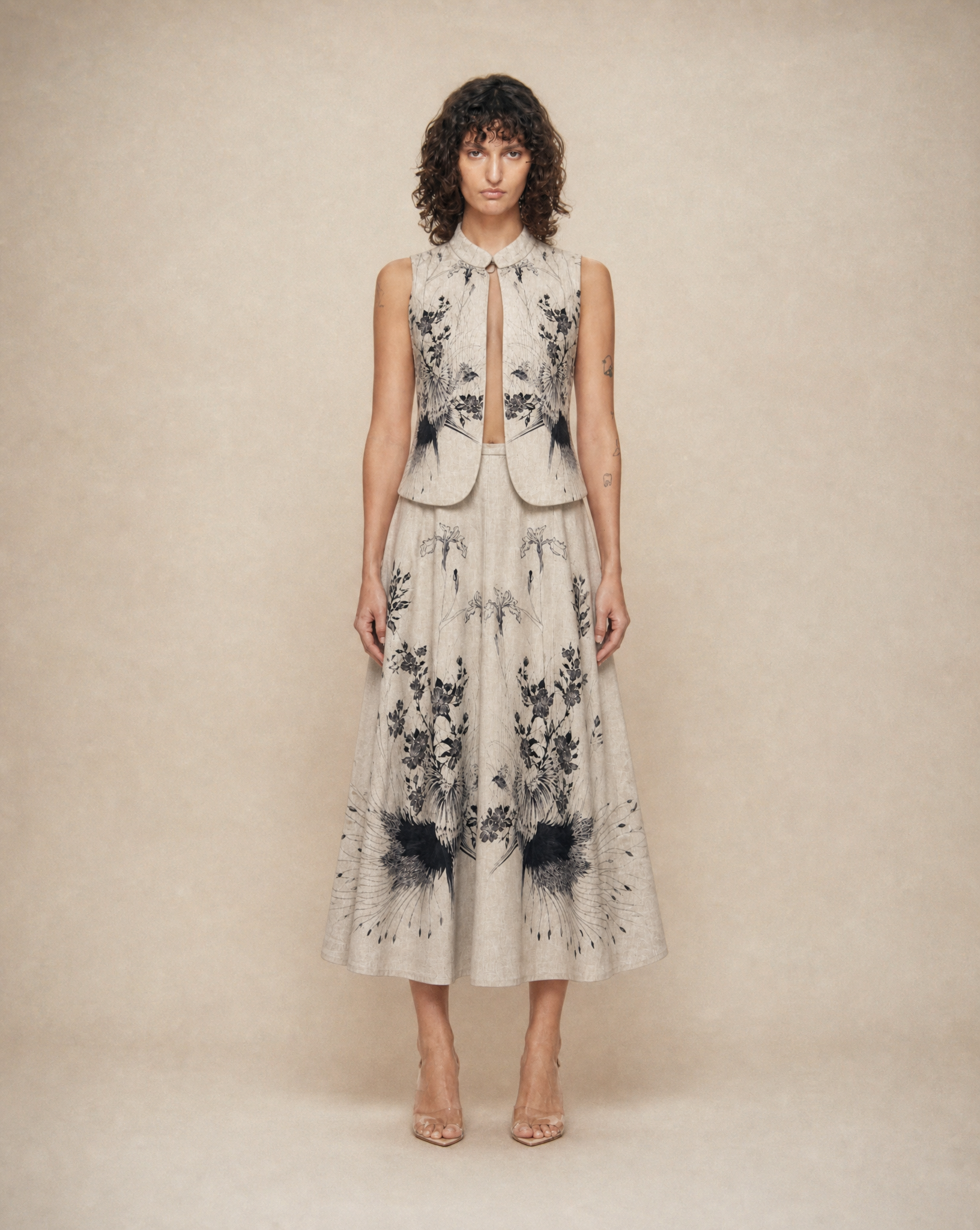 Archival 1970s Roberto Cavalli floral suede set, available at Mezzanotte Madrid.