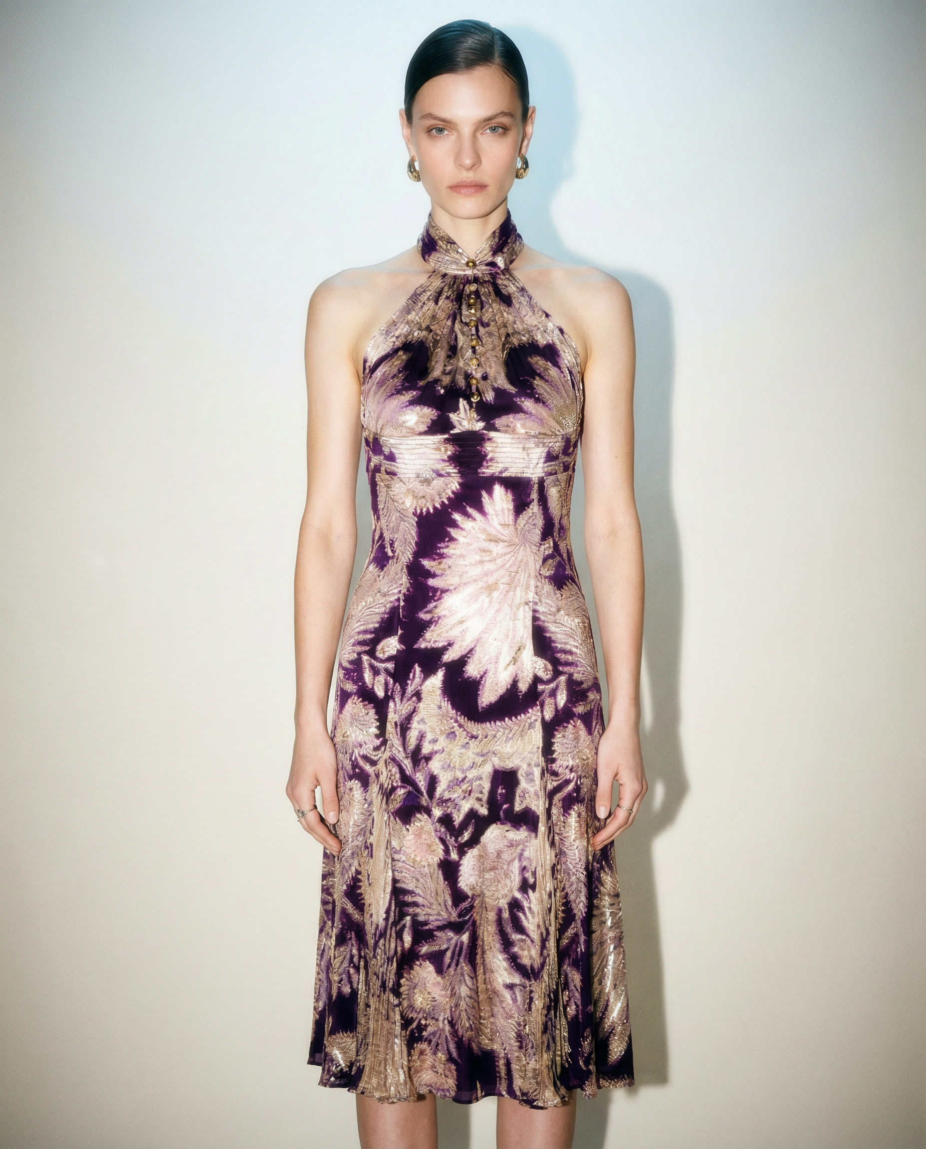 Vintage Roberto Cavalli halter dress with flared midi silhouette Mezzanotte Madrid
