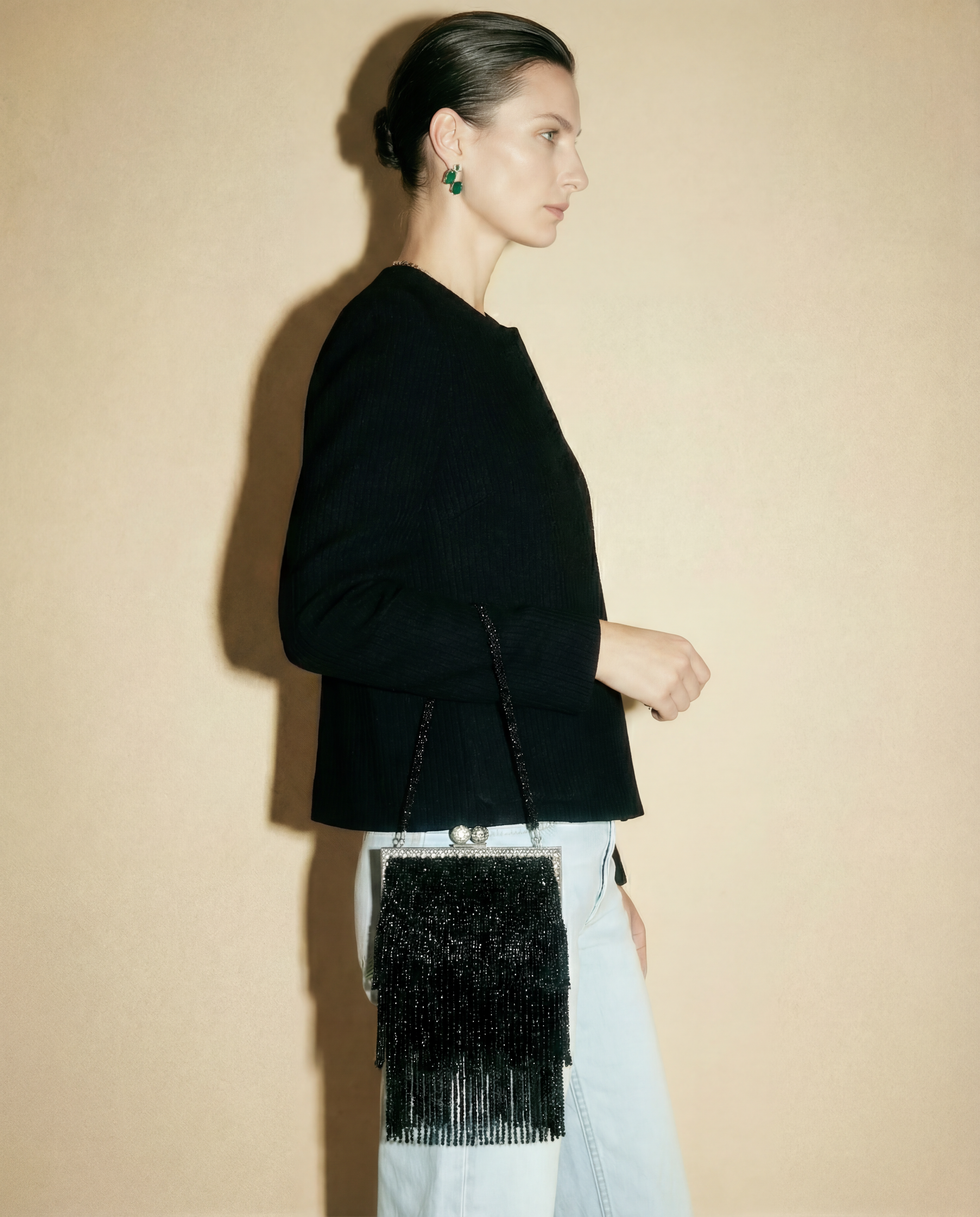 Loris Azzaro vintage 1970s beaded fringe evening bag with jewel clasp and cascading tassels | luxury vintage Mezzanotte Madrid