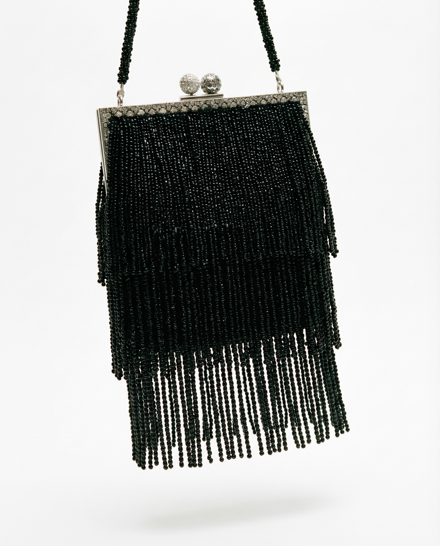 Vintage Azzaro 70s black beaded fringe clutch bag with crystal clasp and chain strap | statement evening bag Madrid rental and sale