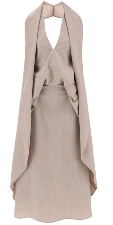 Draped Halter Midi Dress — Sculptural Open Back Silhouette