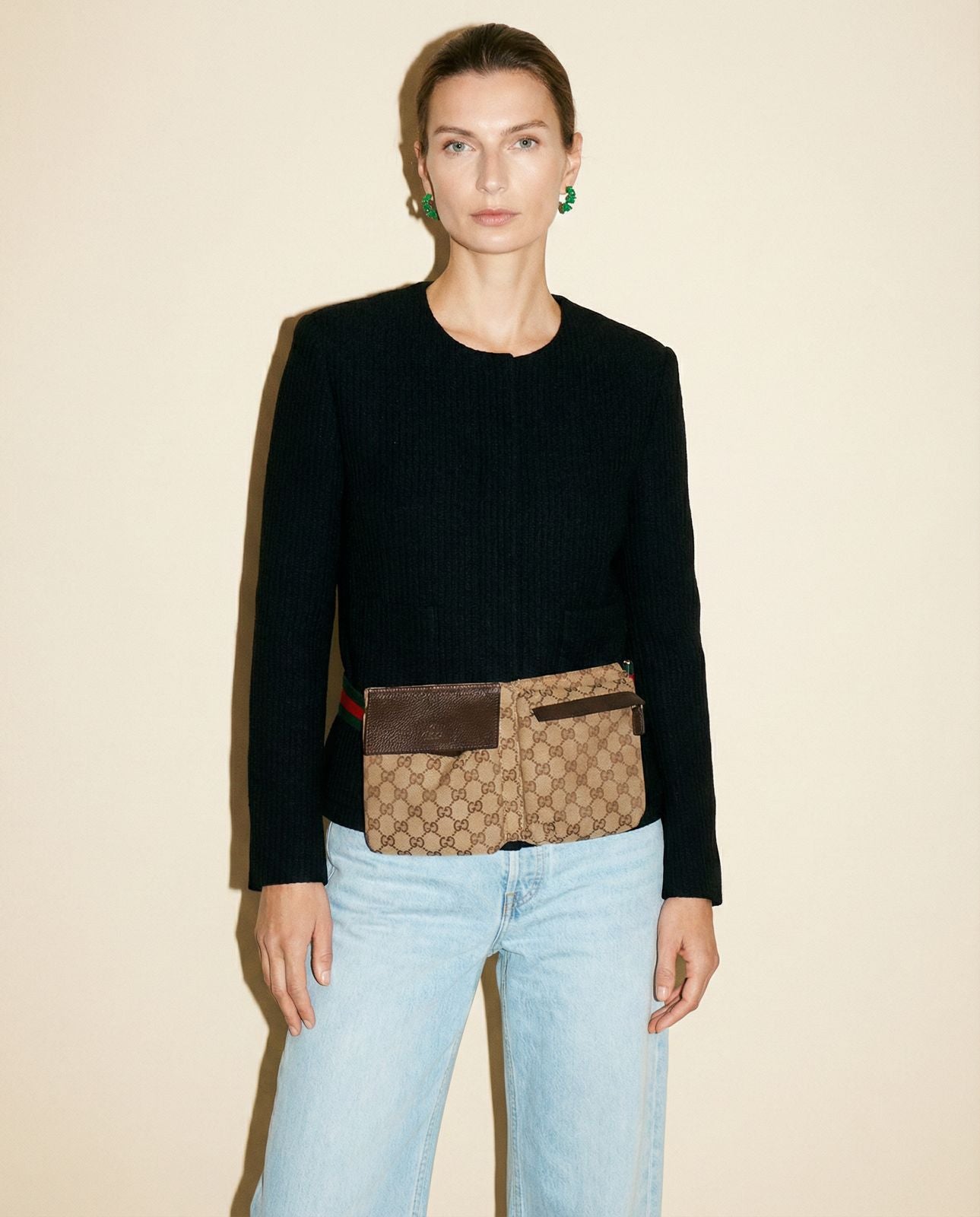 Vintage Gucci GG canvas double pocket belt bag with Web stripe strap