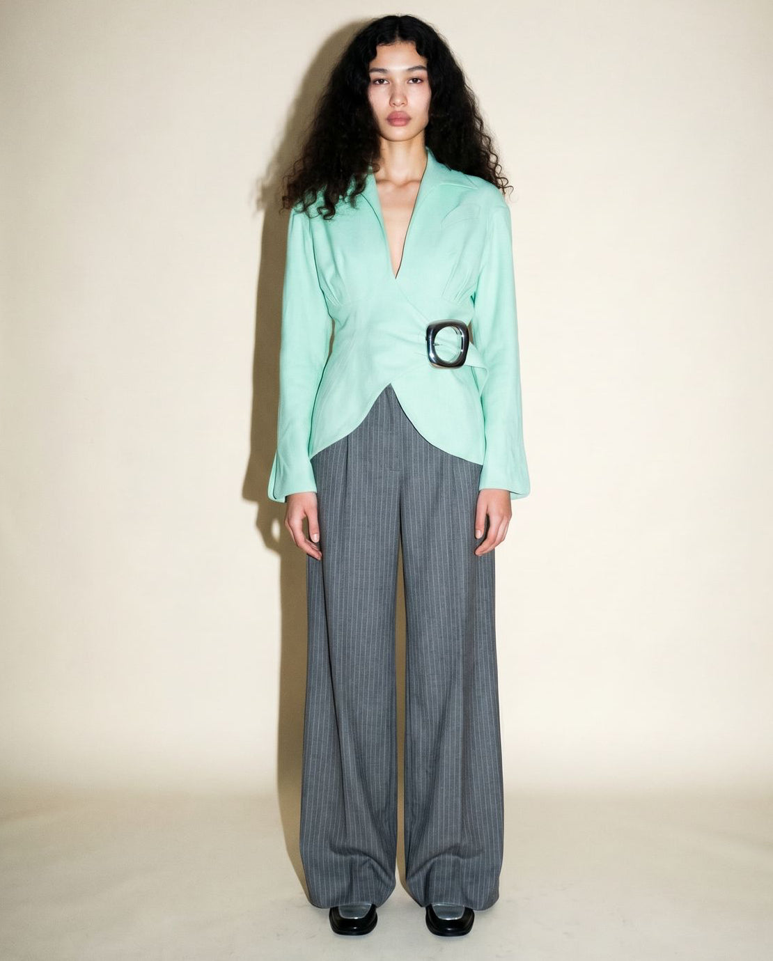 Thierry Mugler mint structural blouse with oversized buckle