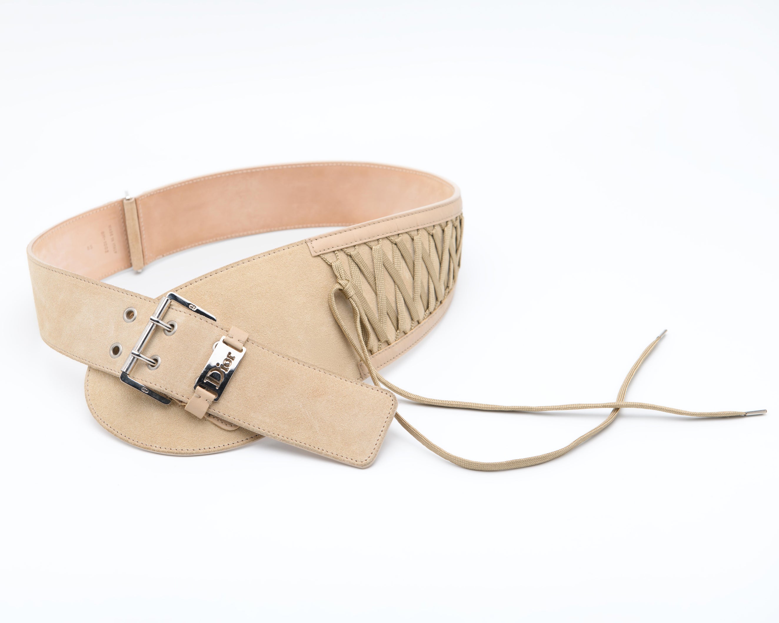 Vintage Dior corset belt Fall Winter 2002 with lace up side panels and silver buckle | Y2K waist belt styling
