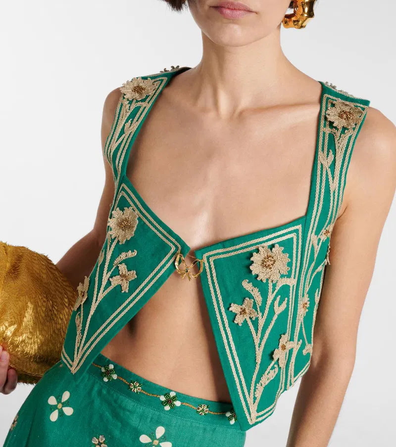 Agua by Agua Bendita embroidered linen crop top with botanical motifs — curated designer rental and resale at Mezzanotte Madrid