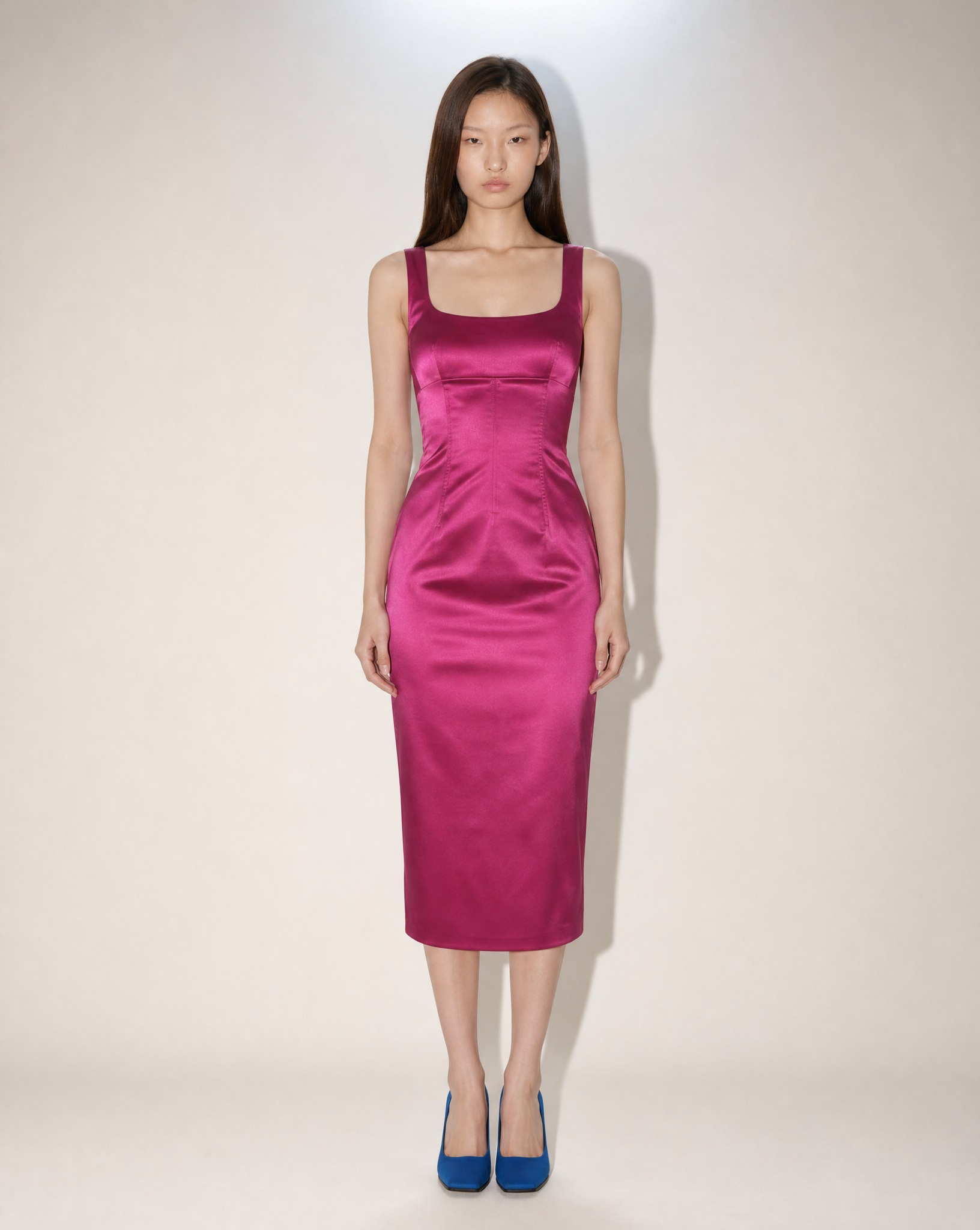 Archival 1990s Dolce & Gabbana magenta satin corset dress, available at Mezzanotte Madrid.