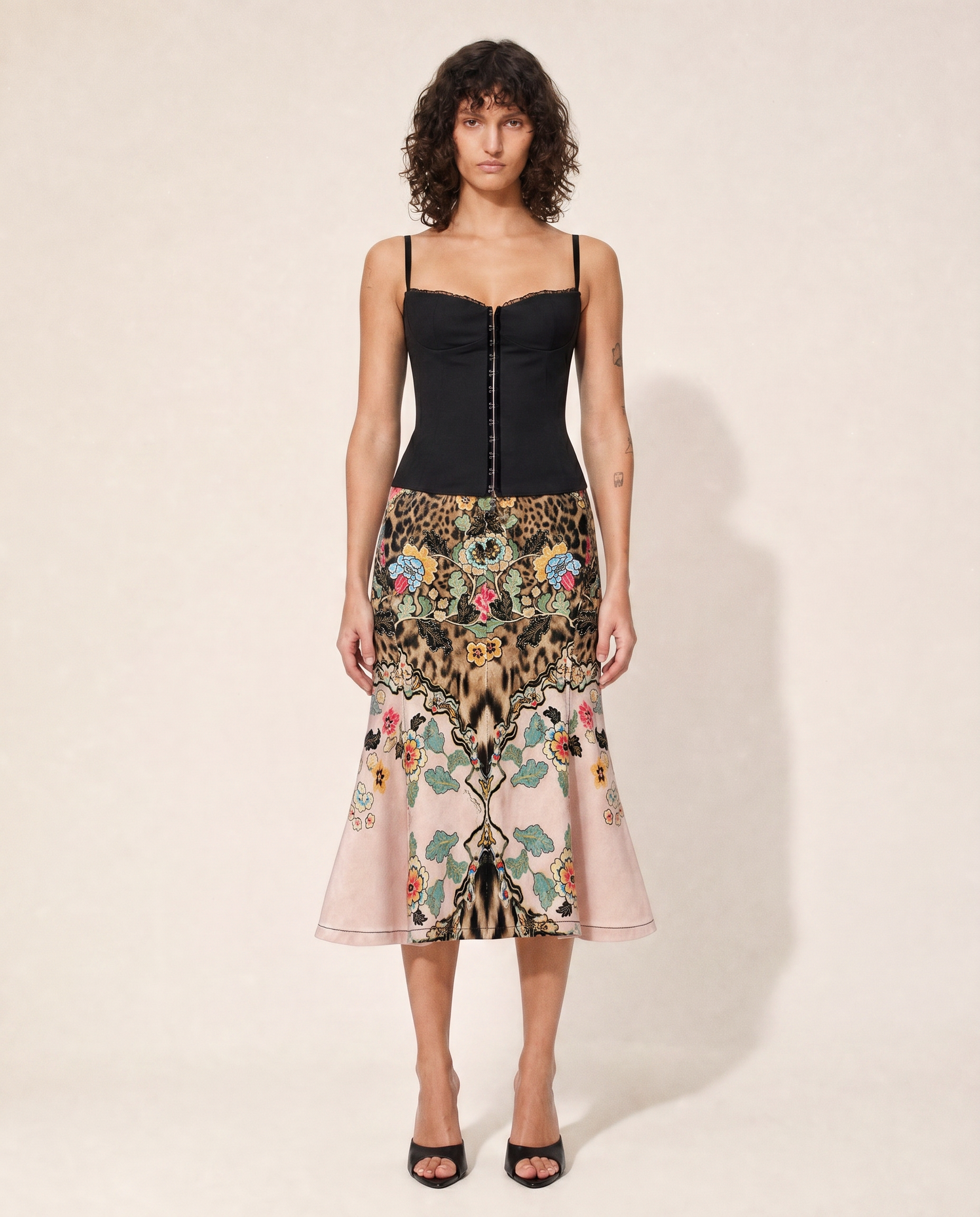 Rare archival S/S 2003 Roberto Cavalli Chinoiserie and leopard print skirt, available at Mezzanotte Madrid.