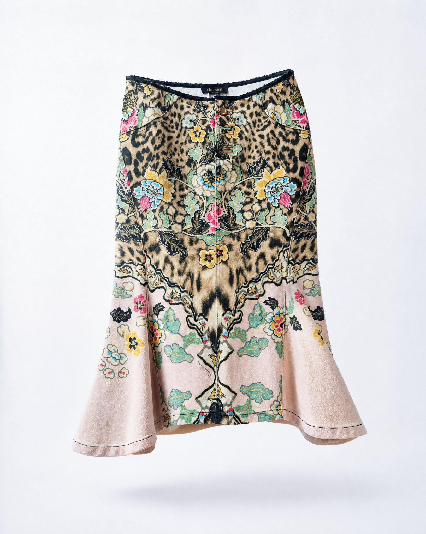 Rare archival S/S 2003 Roberto Cavalli Chinoiserie and leopard print skirt, available at Mezzanotte