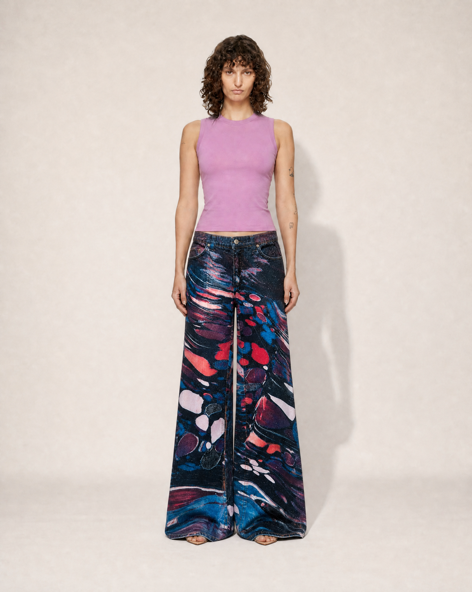 Detail view of the intricate marbled print on archival 1990s Roberto Cavalli set curated by Mezzanotte.