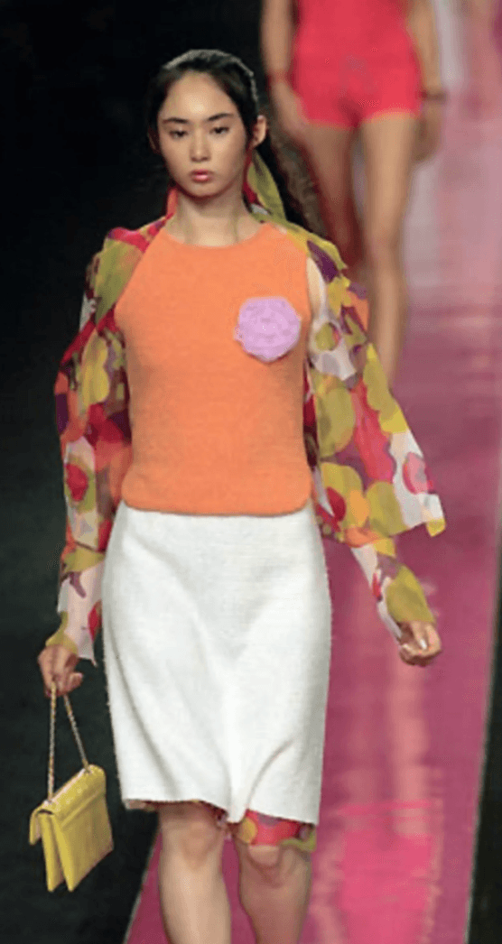 Karl Lagerfeld era Chanel floral silk chiffon blouse styled on model. Rent in Madrid or buy across Europe at Mezzanotte.