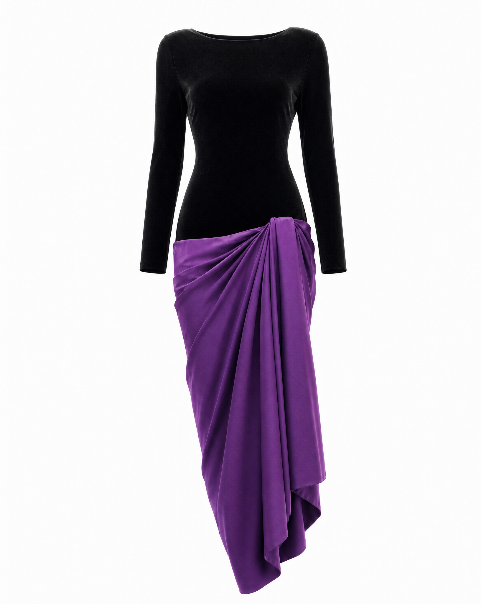 Detail of the violet silk satin draped skirt on a Christian Dior by John Galliano evening gown Mezzanotte
