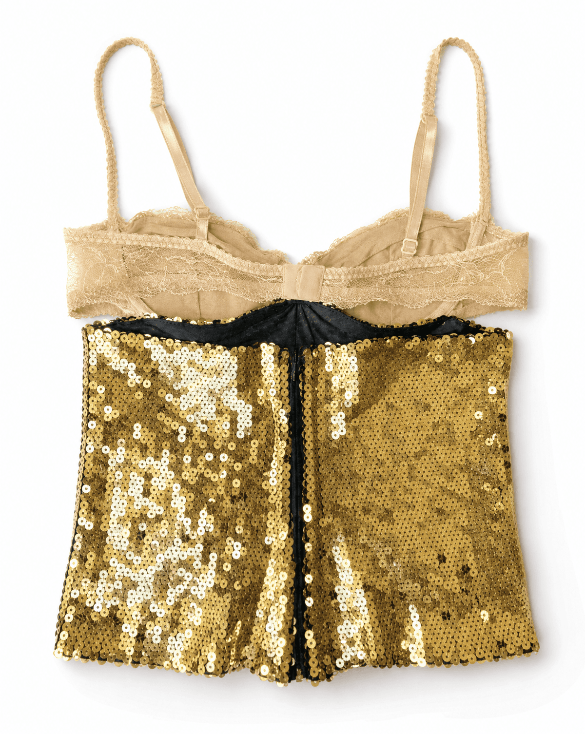 Gold Dolce & Gabbana corset with nude lace bustier from the early 2000s. Discover at Mezzanotte.