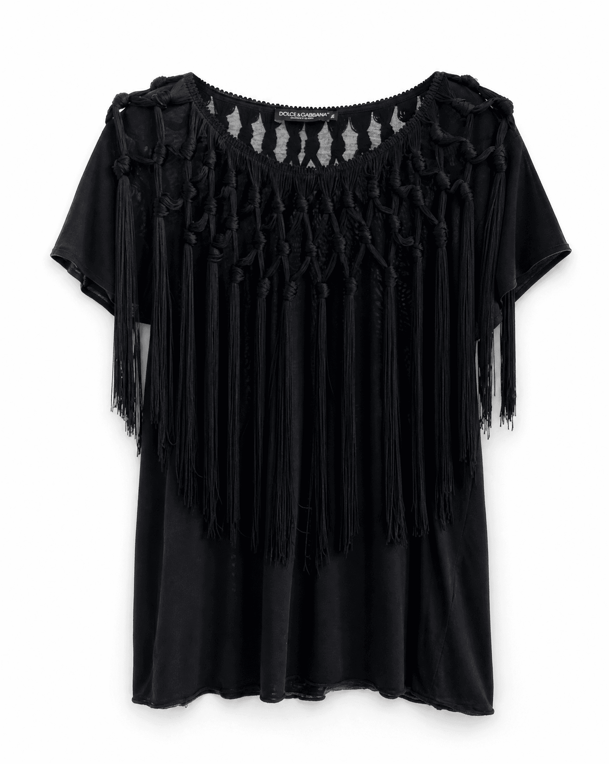 Close-up of the hand-knotted fringe on an early 2000s Dolce & Gabbana silk top. Buy across Europe at Mezzanotte.