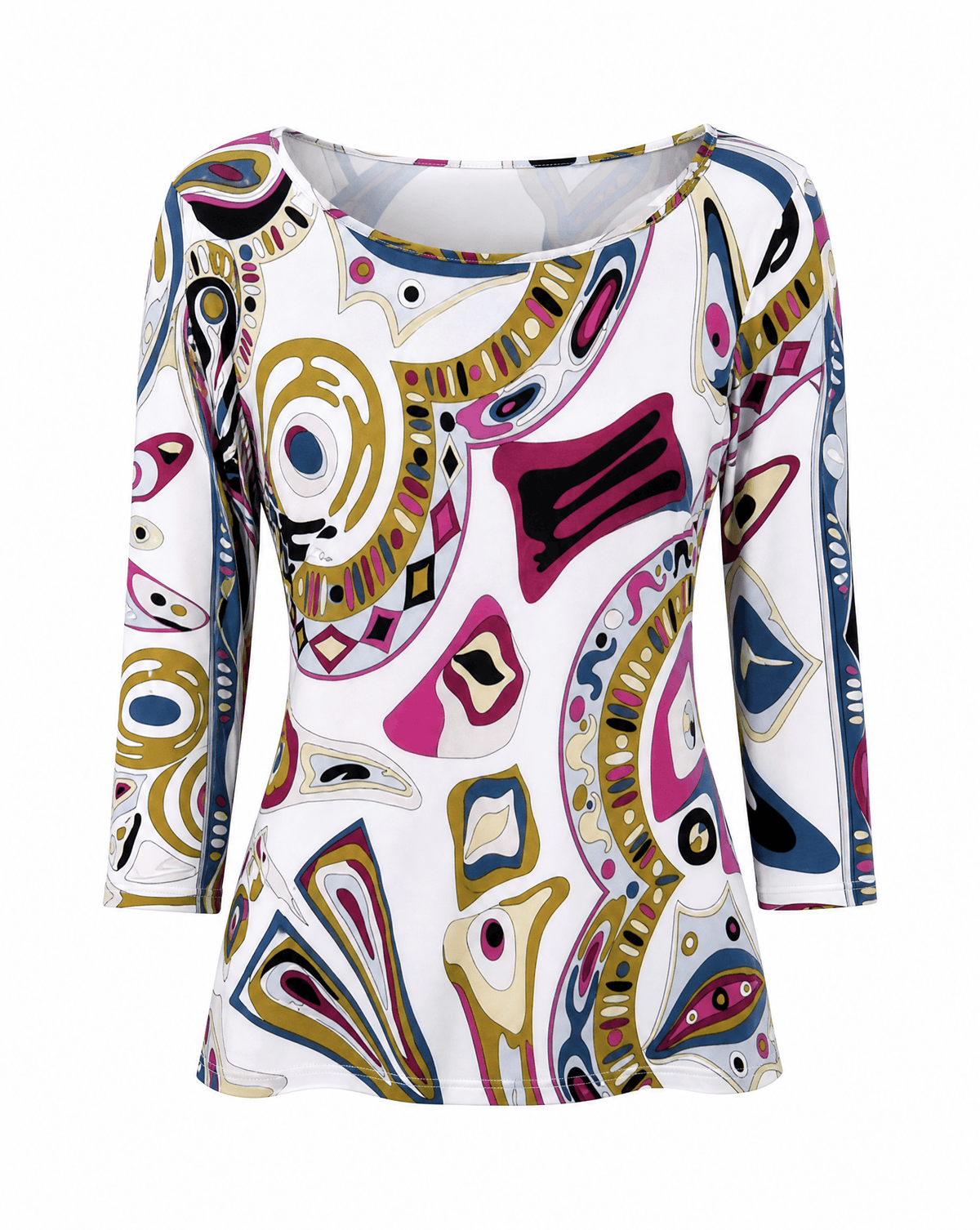 Full-length styling of a vintage Emilio Pucci silk jersey top with coordinating clutch from the 1990s. Mezzanotte.