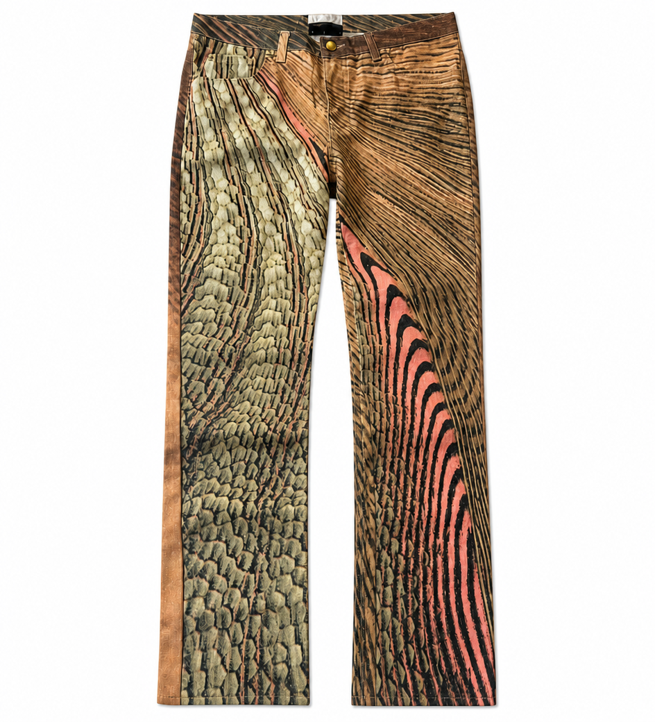 Vintage Cavalli wide-leg denim with mixed animal and optical pattern
