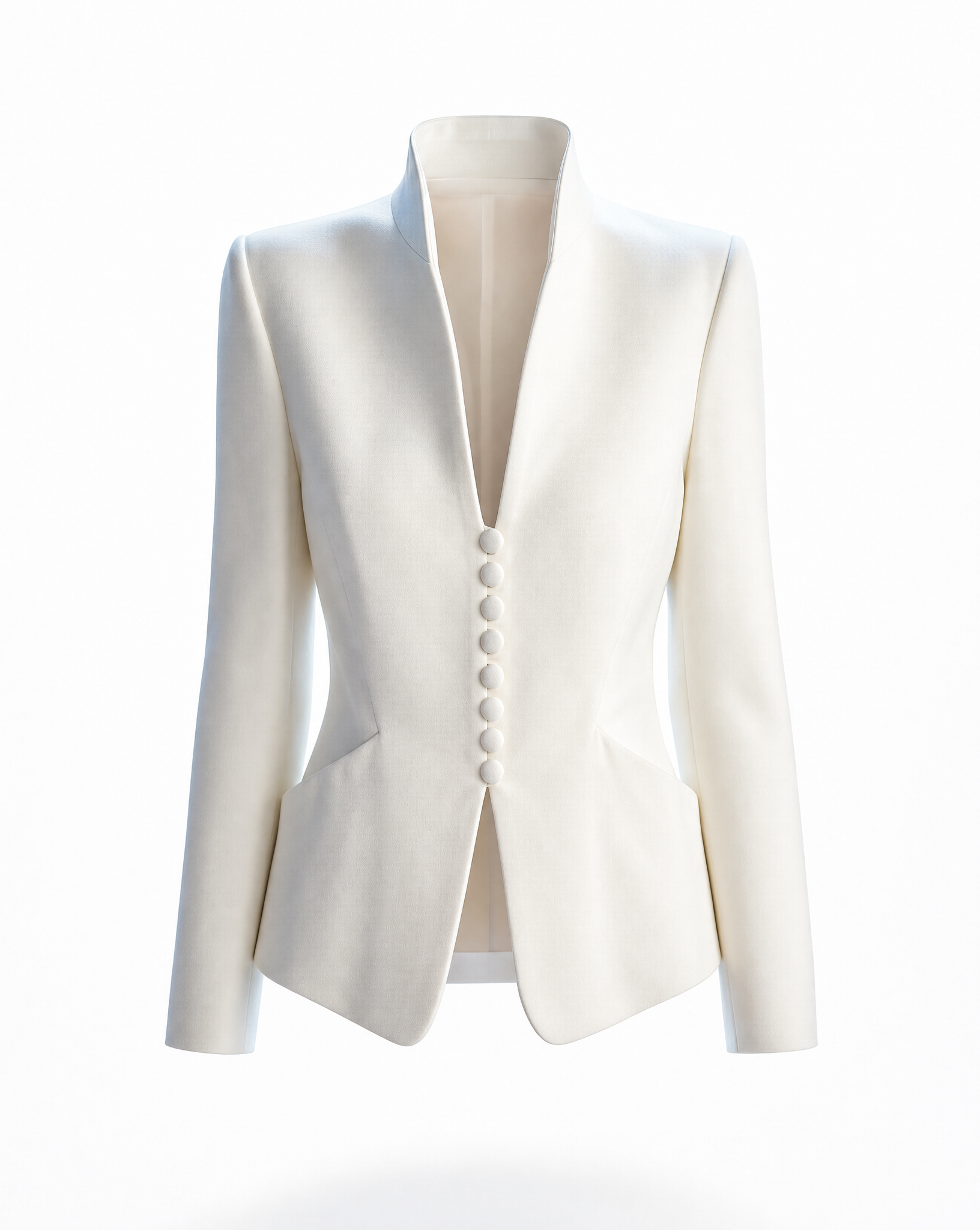 Close-up of the fabric-covered buttons and sculptural stand collar on a vintage Giorgio Armani blazer.