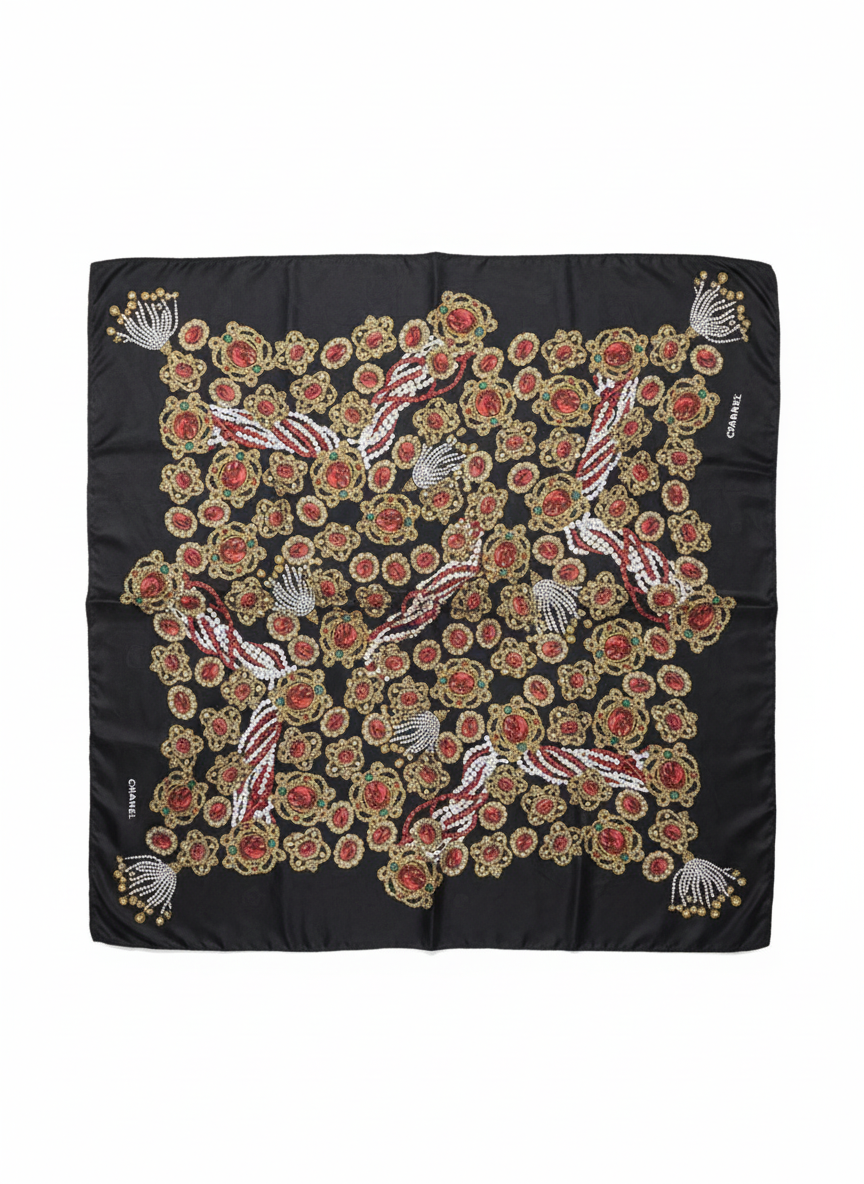 Vintage Chanel silk scarf with Gripoix jewelry print in gold, red and pearl tones
