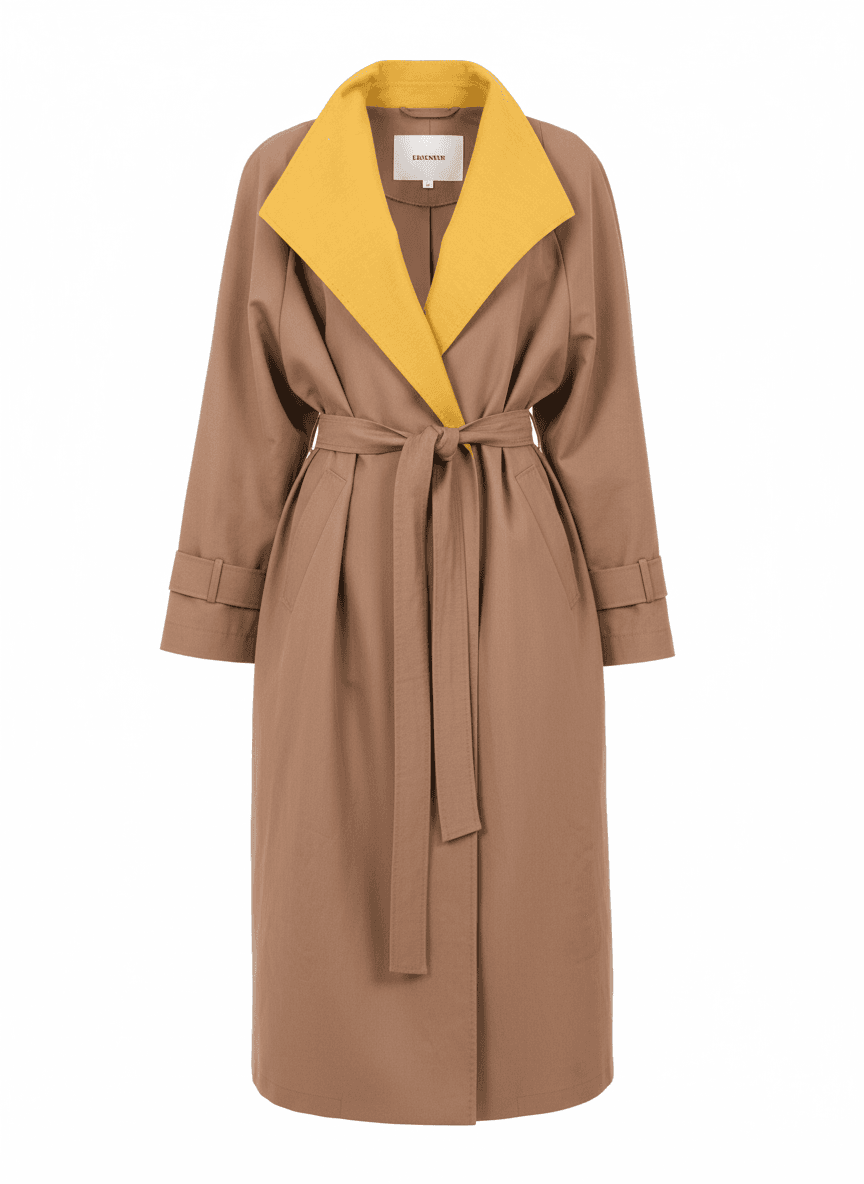 Marina Rinaldi modern belted trench coat in beige with statement lapel — designer resale Mezzanotte Madrid