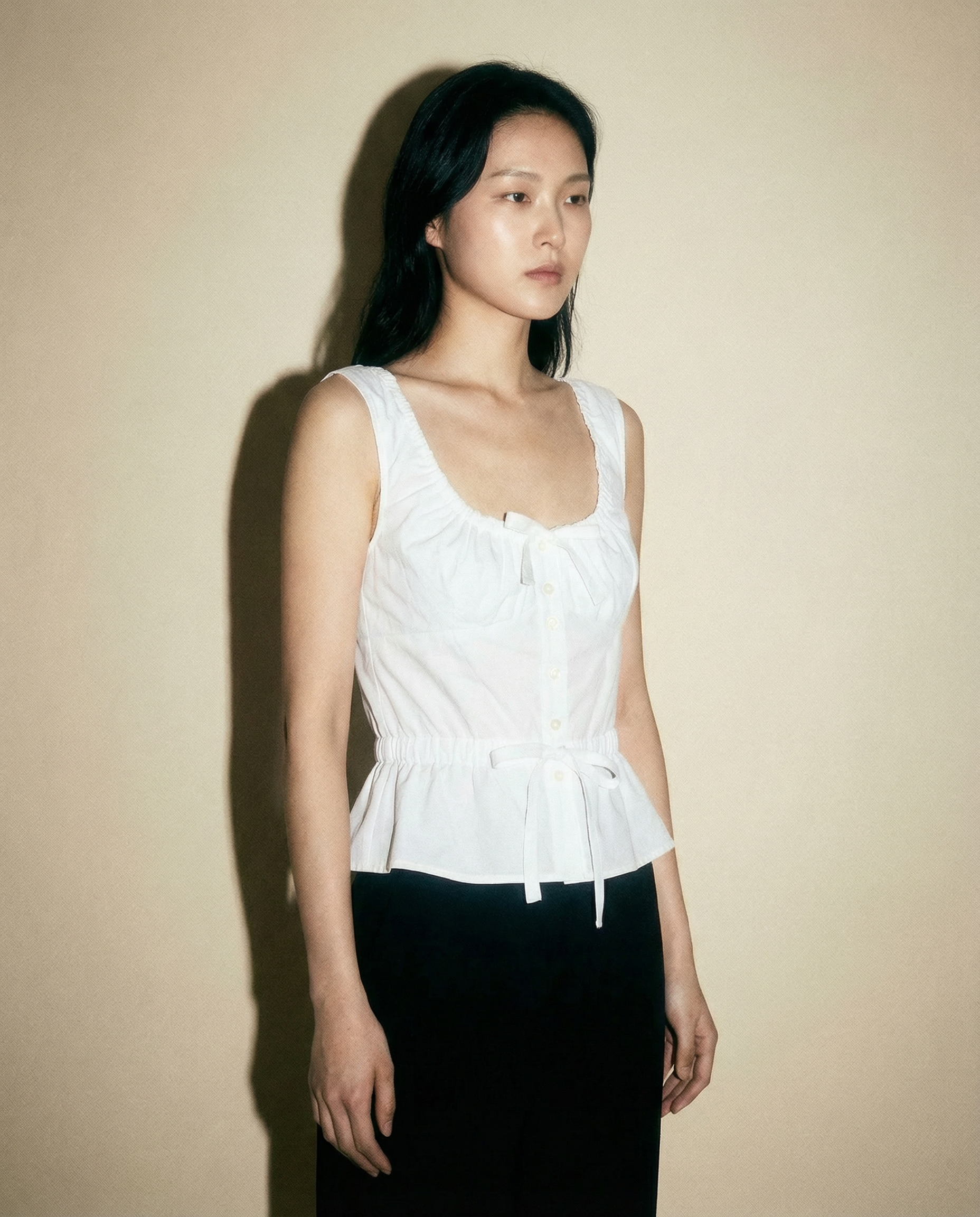 White Prada top with button front bodice and tie neckline detail elegant vintage piece
