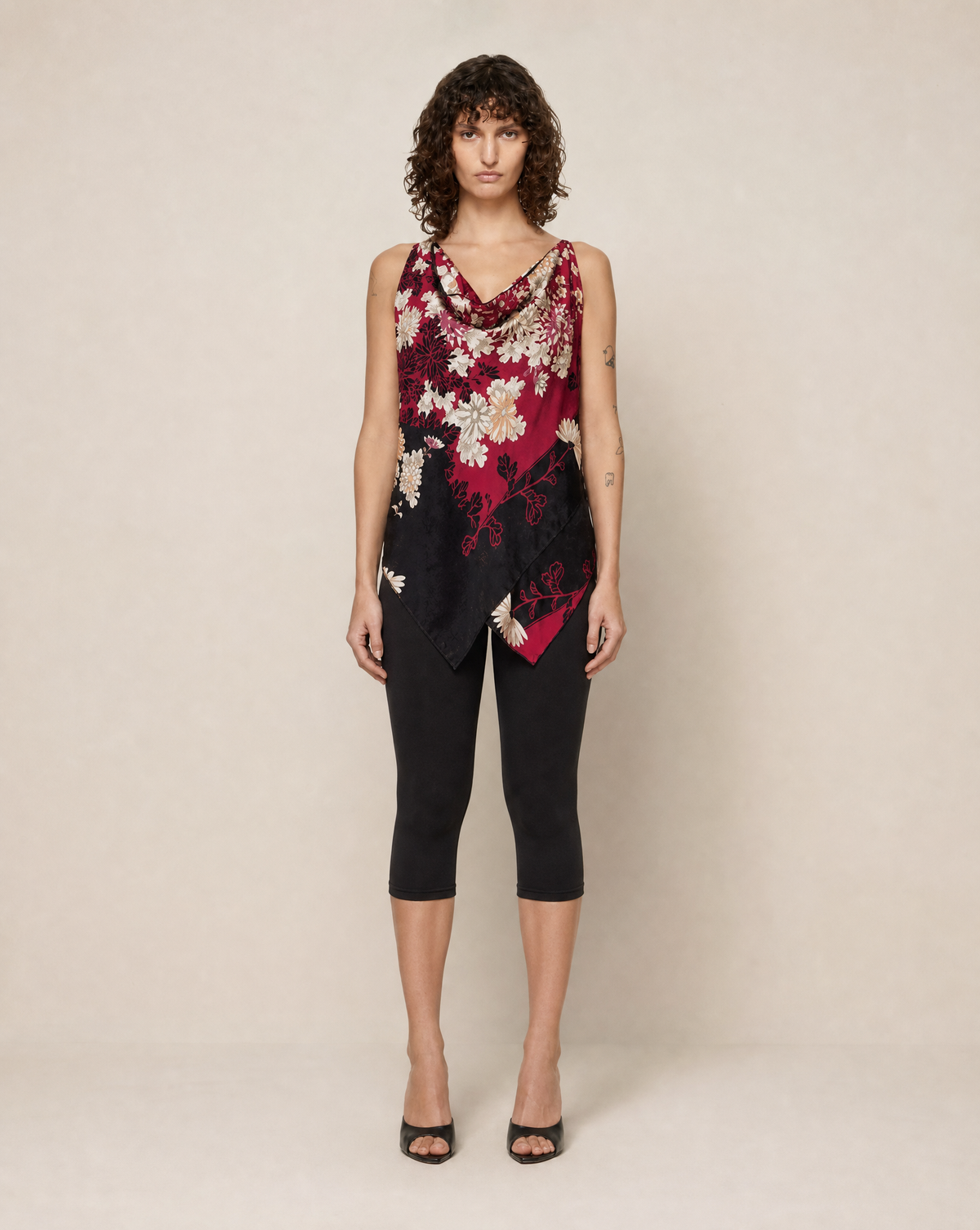 Archival Roberto Cavalli early-2000s silk top with a chinoiserie floral print and cowl neckline. Rent in Madrid or buy across Europe at Mezzanotte.