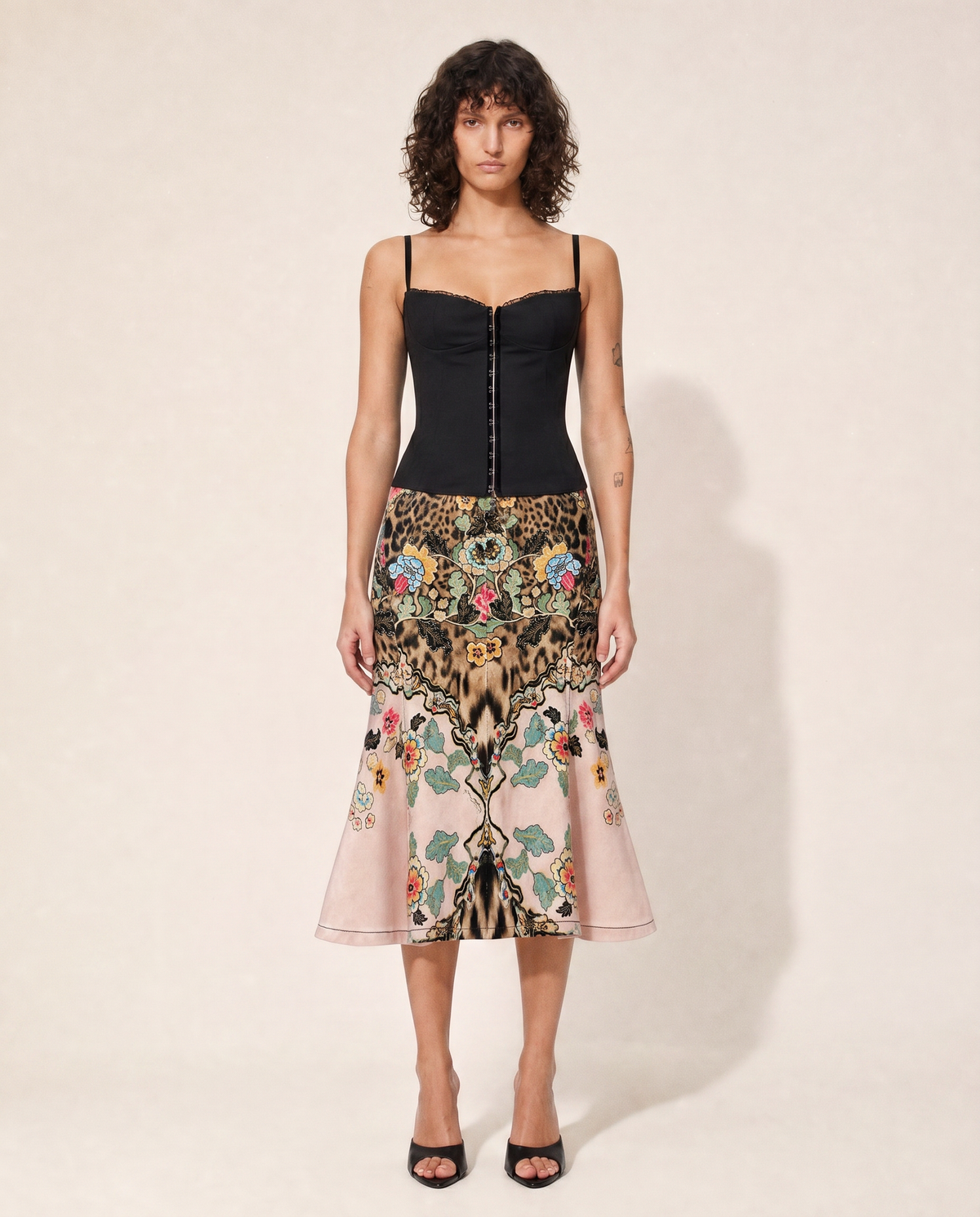 Archival Roberto Cavalli S/S 2003 chinoiserie leopard skirt styled full length. Rent in Madrid or buy across Europe at Mezzanotte.