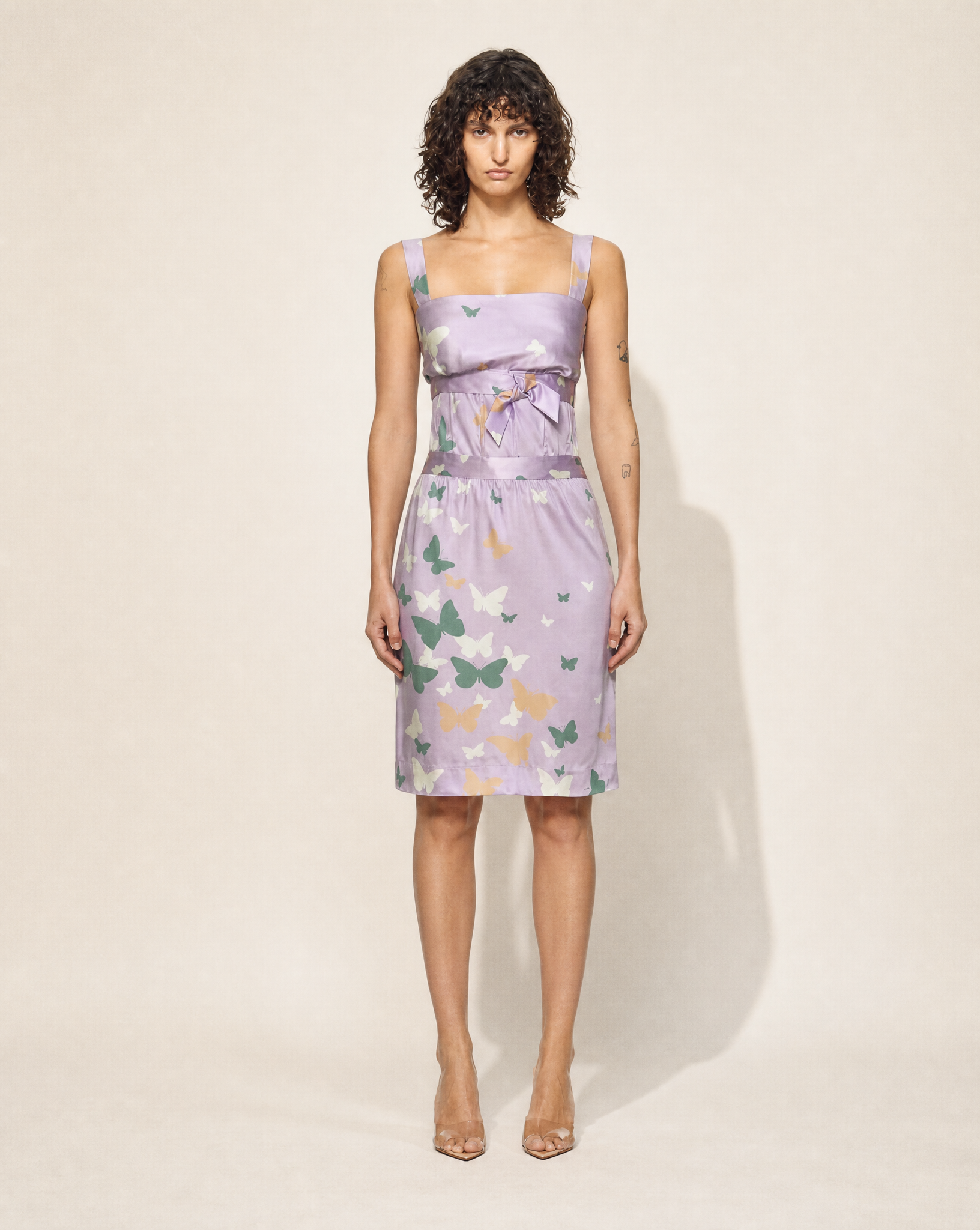 Runway Valentino Spring Summer 2004 butterfly print silk dress in lilac by Maria Grazia Chiuri and Pierpaolo Piccioli, available at Mezzanotte Madrid.