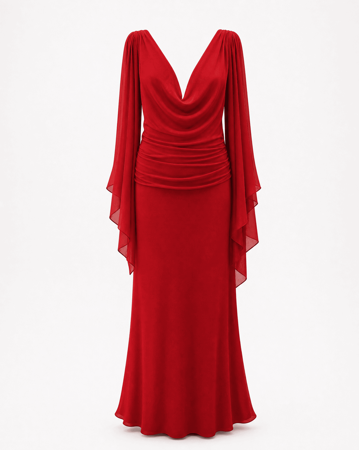 Full-length view of a 1990s Valentino Red gown with elegant cape sleeves. Rent in Madrid at Mezzanotte.